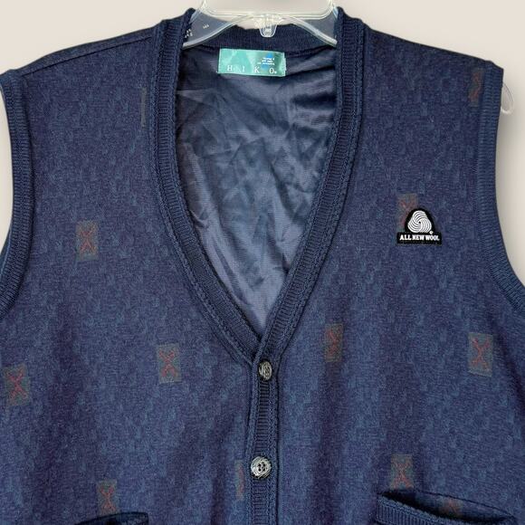 Vintage Woolmark Hiko 100% Wool Knit Buttoned Sweater Vest Men Size L Dark Navy - Picture 3 of 12